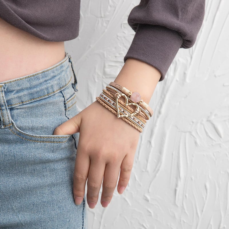 Rantanto Braid Leather Wrap Bracelet Trendy Stackable Crystal Cuff Boho Gold Heart Bracelet Jewelry Gift For Women - Image 3